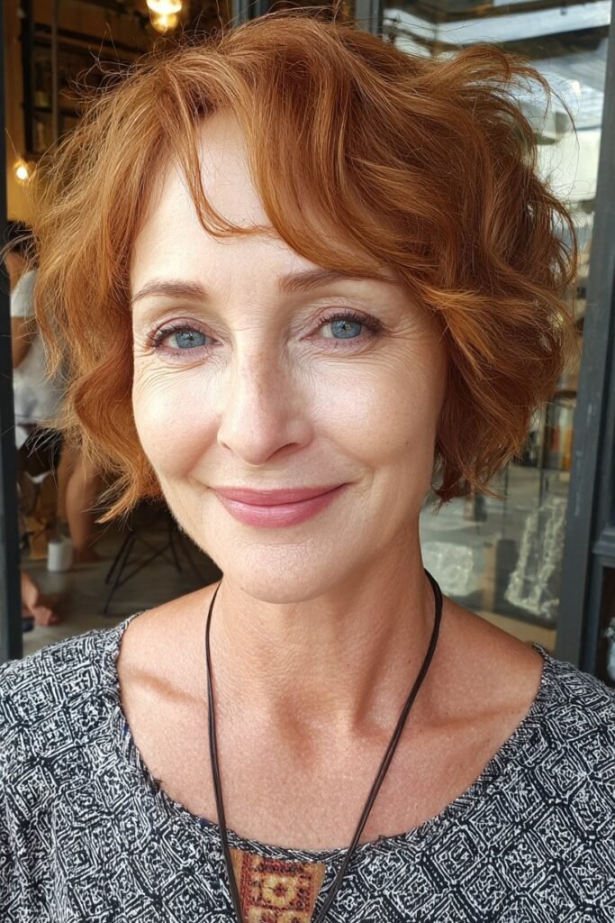 Curly Red Bob with Soft Bangs
