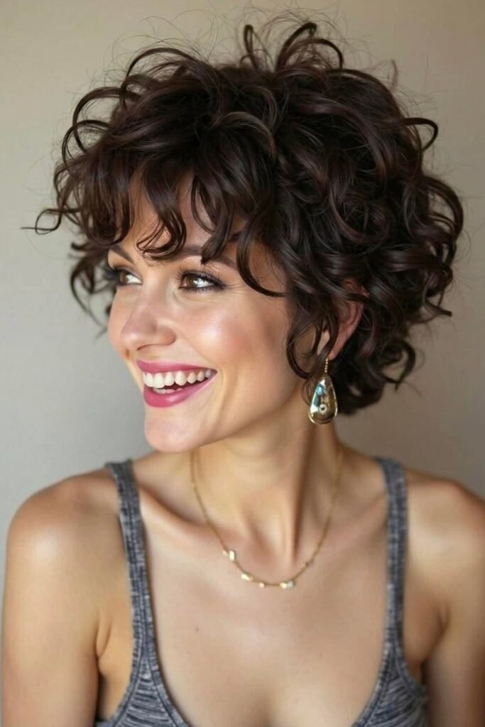 Curly Shaggy Bob with Soft Front Fringe