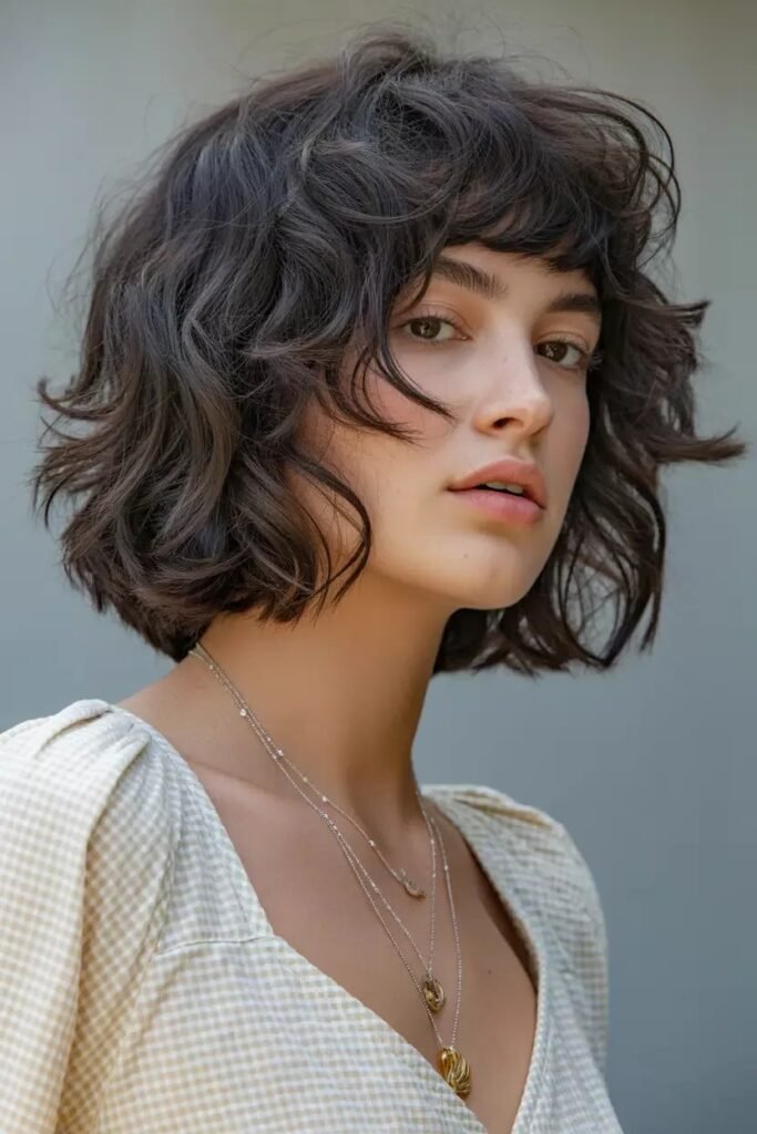 Curly Shaggy Bob with Soft Side-Swept Fringe