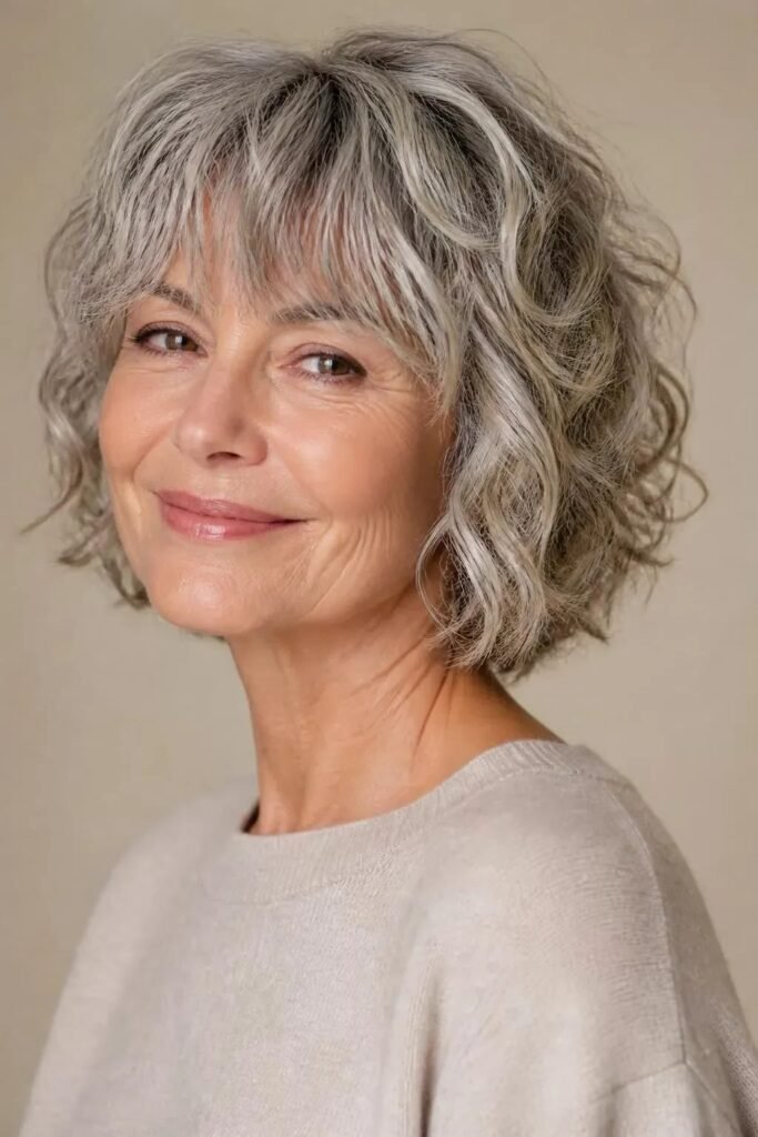 Curly Silver Bob with Piece-y Fringe