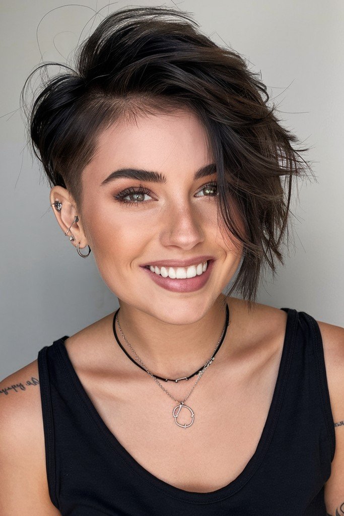 Dark Brown Asymmetrical Pixie with Undercut