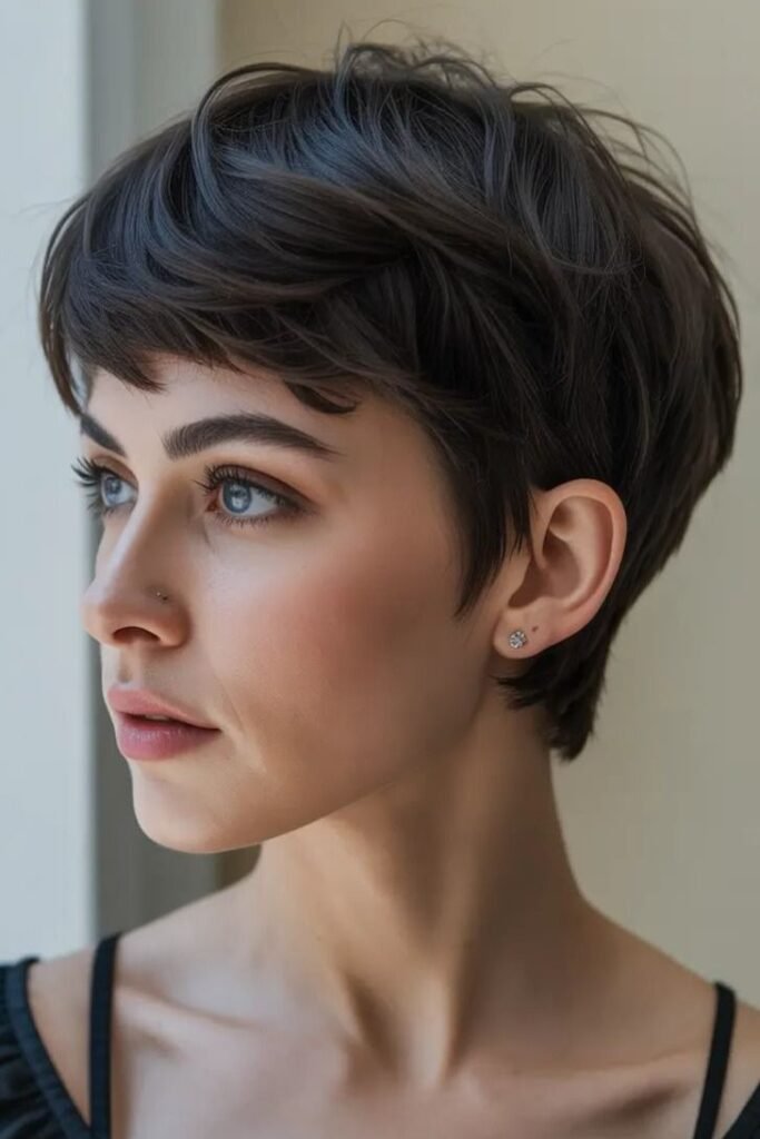 Dark Brown Cropped Pixie with Soft Crown Volume