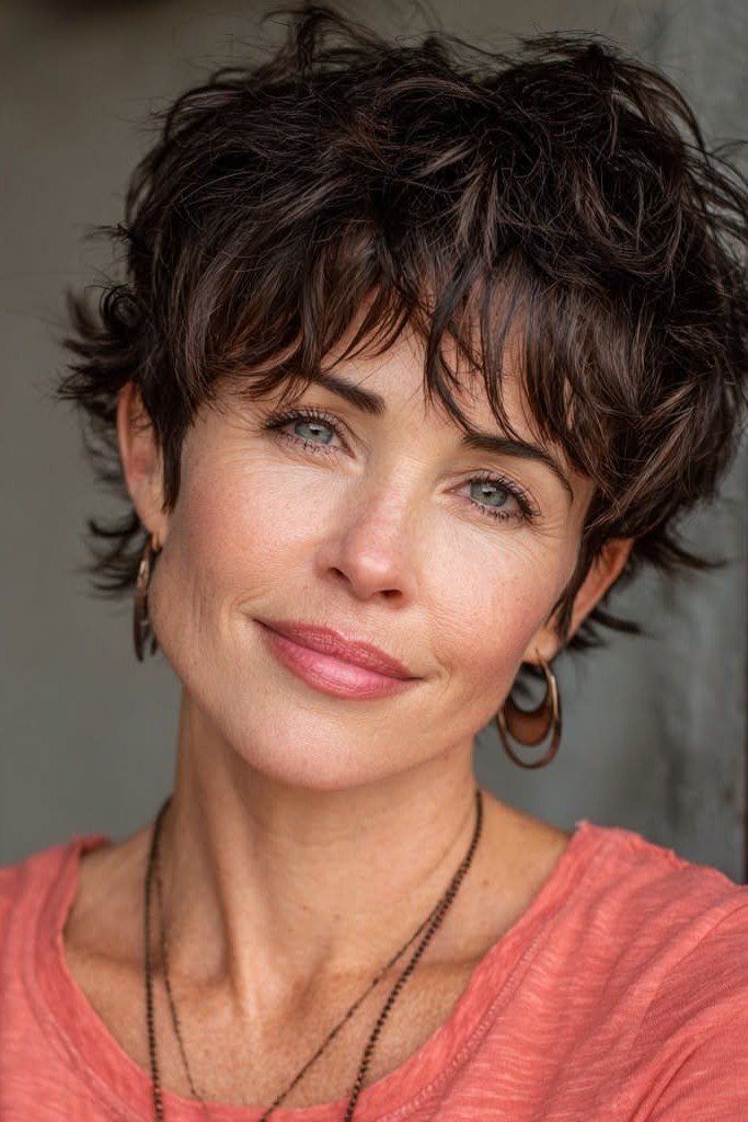 Dark Brown Layered Pixie Cut with Tousled Waves