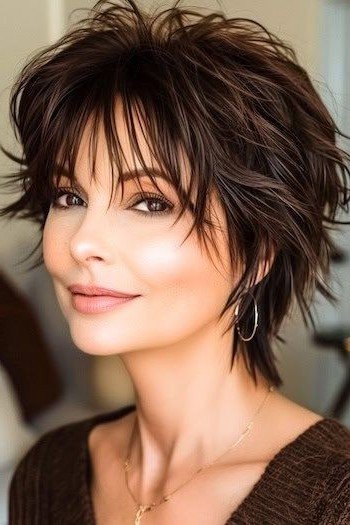 Dark Brown Layered Shag with Choppy Fringe