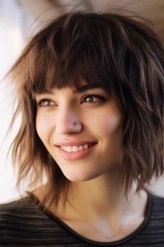 Dark Brown Shaggy Bob with Soft Bangs