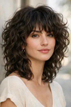 Dark Brown Shaggy Curly Bob with Textured Fringe