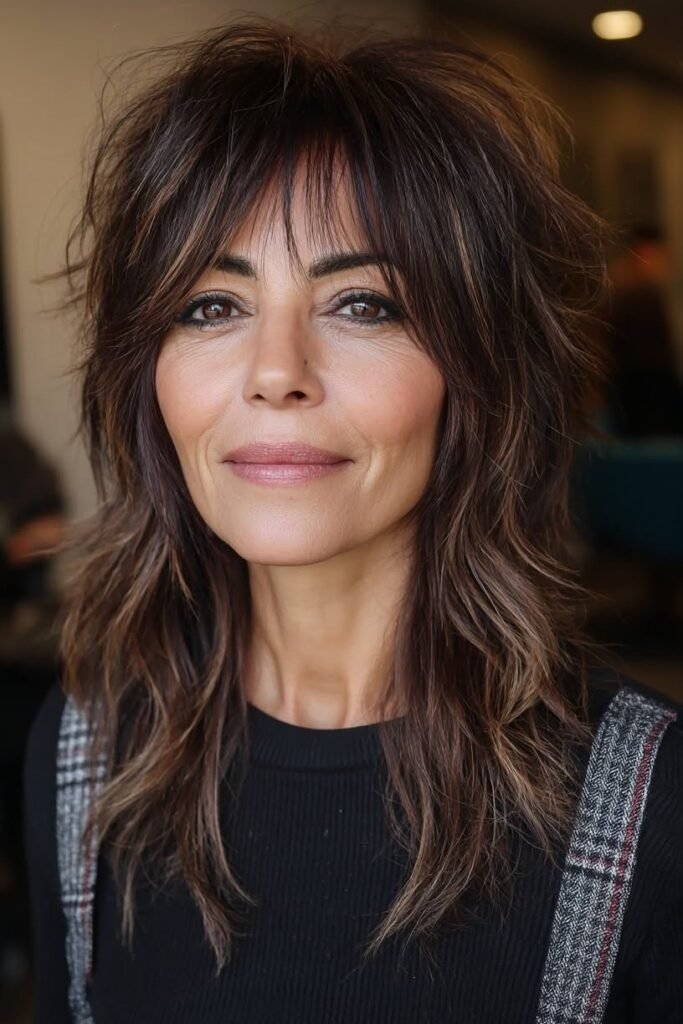 Dark Brown Shaggy Cut with Face-Framing Layers and Piece-y Bangs