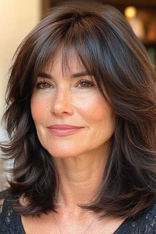 Dark Brown Shaggy Cut with Full Wispy Bangs