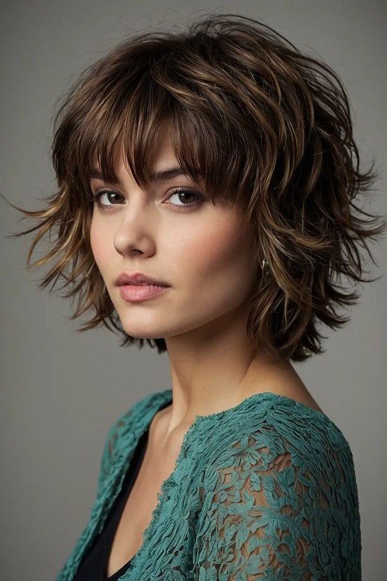 Dark Brown Shaggy Layered Bob with Soft Fringe