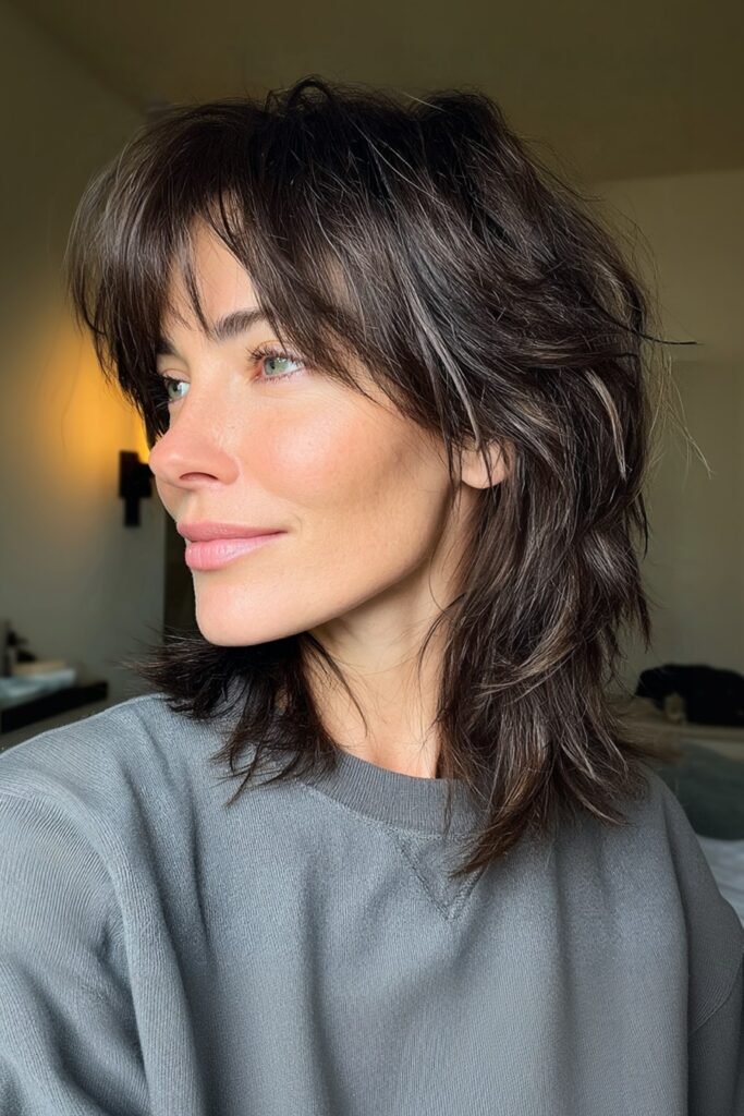 Dark Brown Shaggy Layered Hairstyle with Curtain Bangs