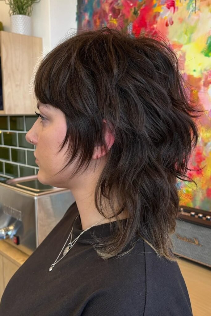 Dark Brown Shaggy Mullet with Piece-y Bangs