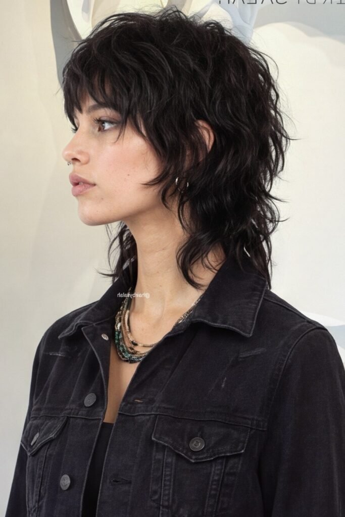 Dark Brown Shaggy Mullet with Piecey Bangs