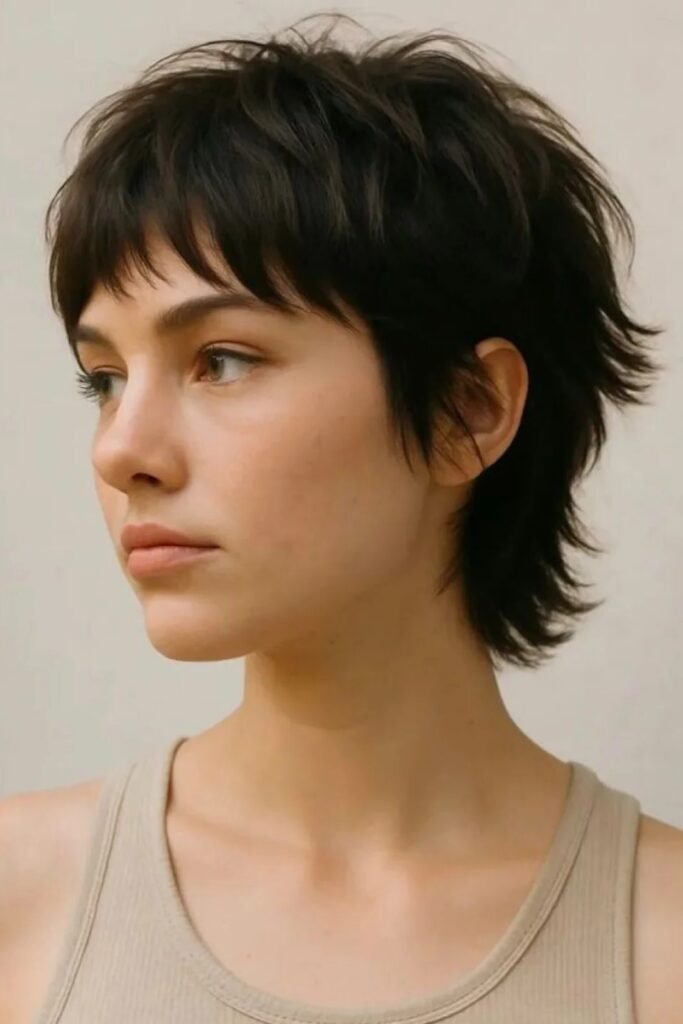 Dark Brown Shaggy Pixie Cut with Textured Bangs