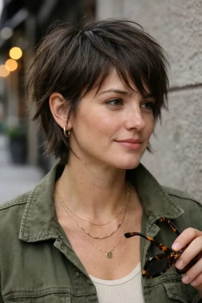 Dark Brown Shaggy Pixie Cut with Wispy Bangs