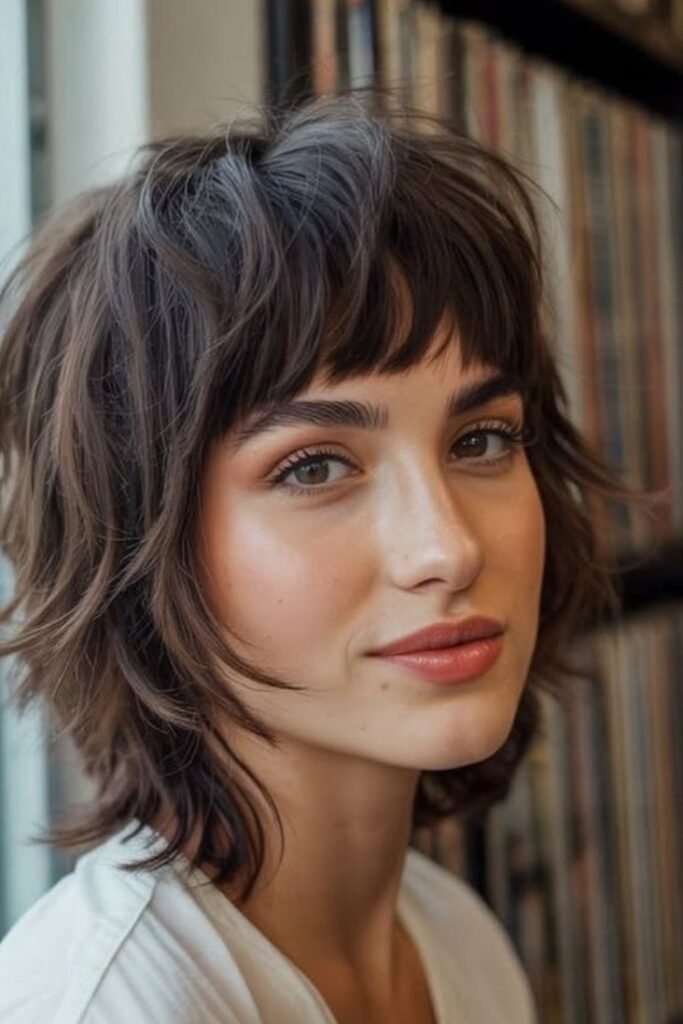Dark Brown Short Shag with Piece-y Bangs