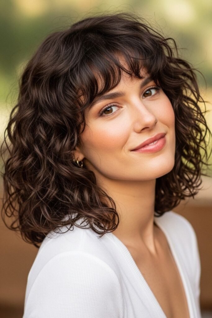 Dark Brown Soft Wavy Bob with Side-Swept Bangs