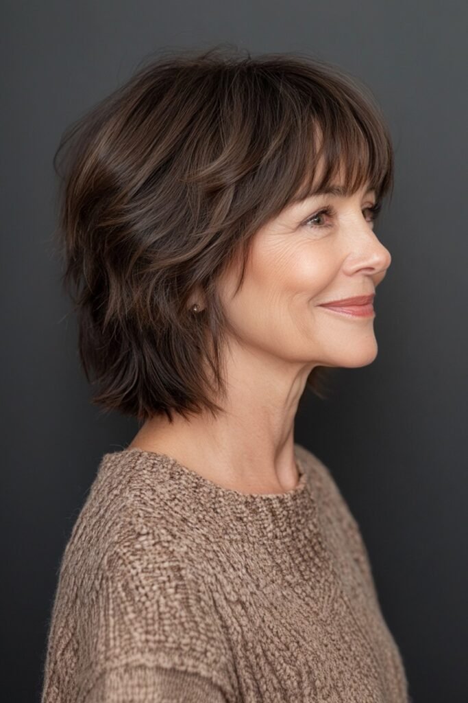 Dark Brown Textured Bob with Side-Swept Bangs