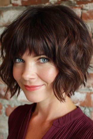Dark Brown Textured Bob with Soft Bangs