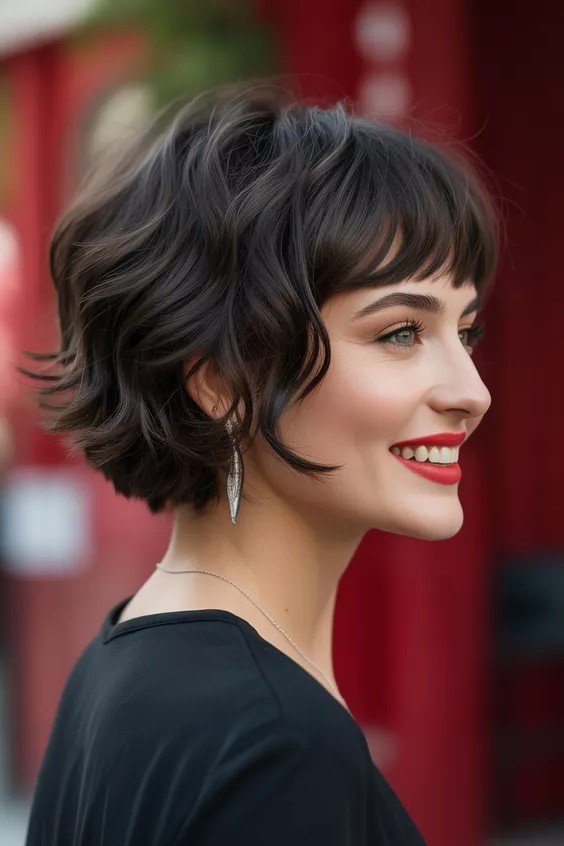Dark Brown Textured Bob with Soft Fringe