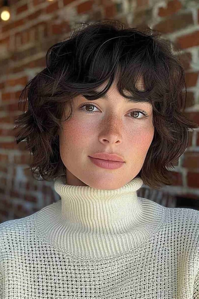 Dark Brown Textured Bob with Soft Wispy Bangs