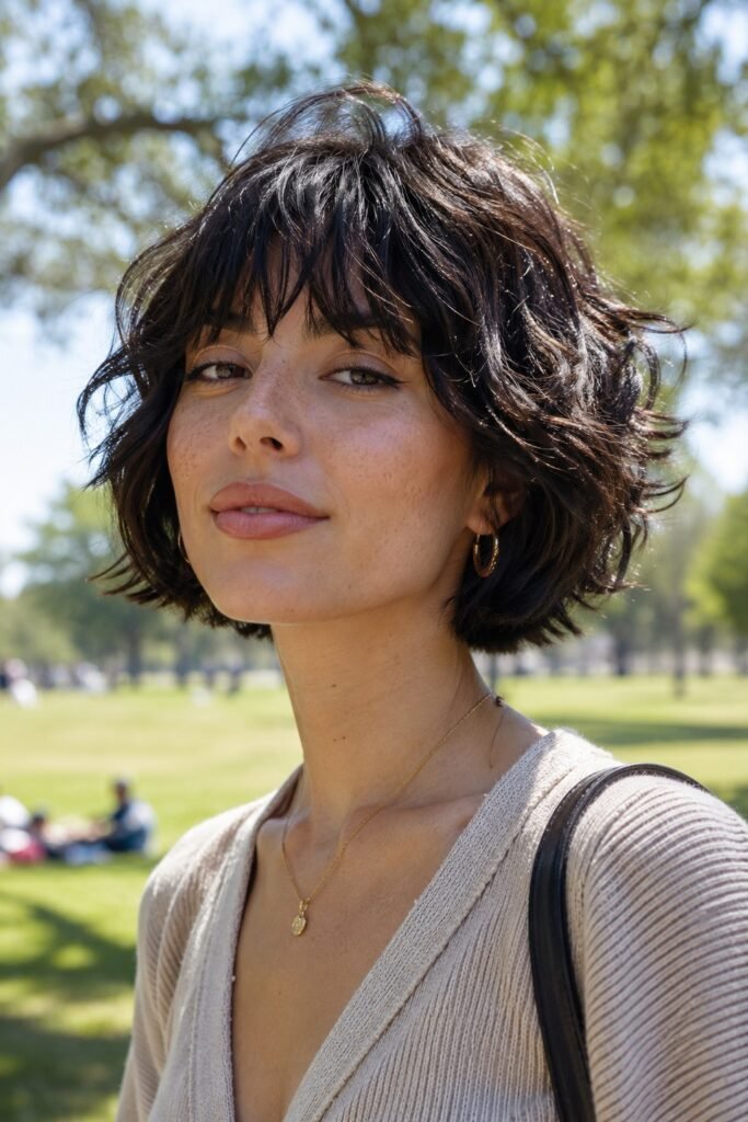 Dark Brown Textured Bob with Wispy Fringe