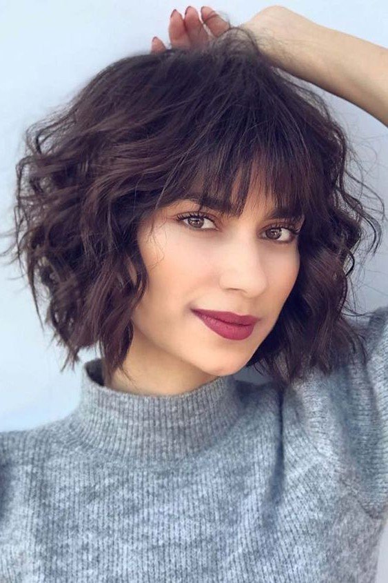 Dark Brown Wavy Bob with Full Bangs