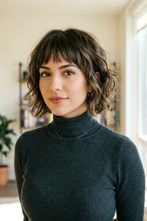Dark Brown Wavy Bob with Texture and Fine Bangs