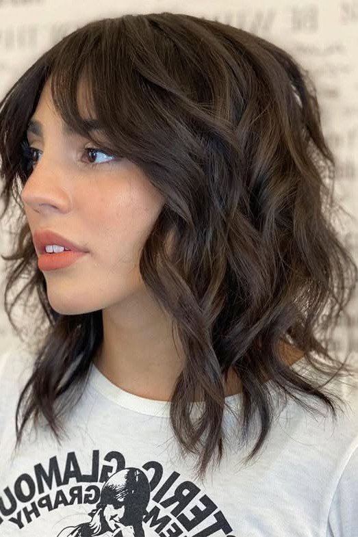 Dark Brown Wavy Shag with Soft Curtain Bangs