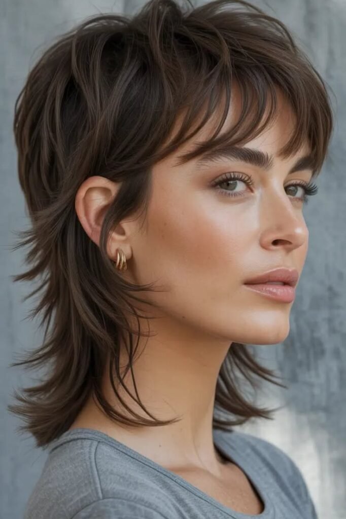 Dark Brown Wolf Mullet with Wispy Bangs