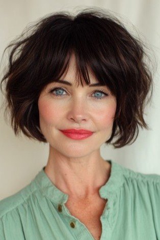 Dark Brunette Bob with Soft Textured Bangs