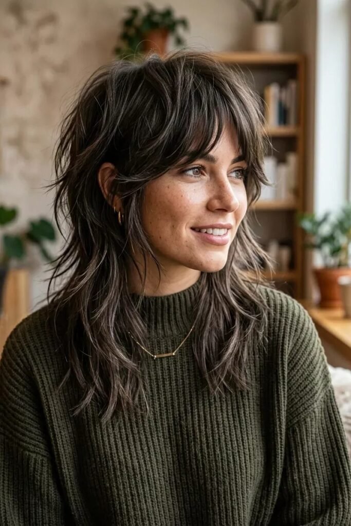 Dark Brunette Shaggy Cut with Textured Layers and Bangs