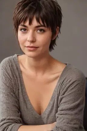 Dark Brunette Short Layered Crop with Bangs