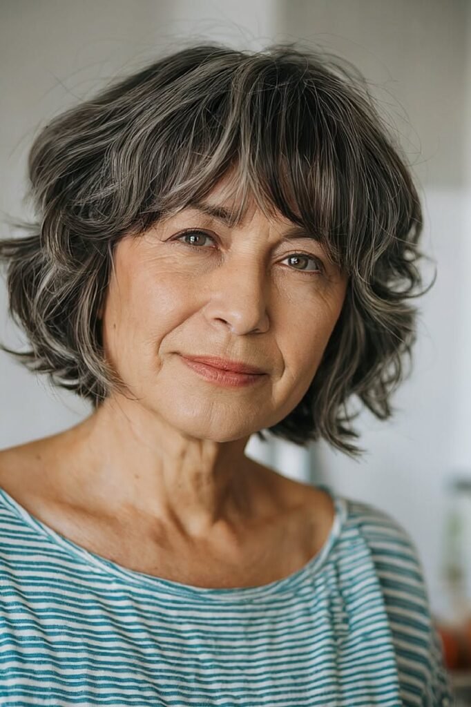 Dark Charcoal Wavy Bob with Layered Wispy Bangs
