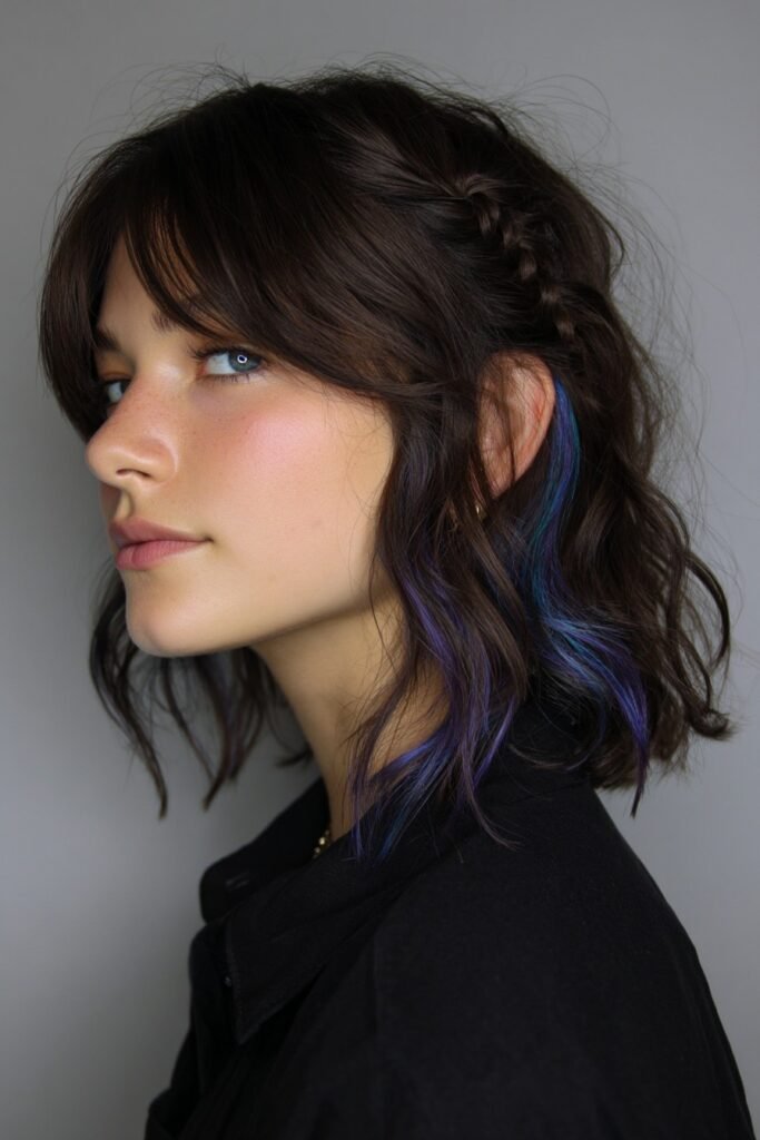 Dark Curly Shag with Braided Detail and Purple Underlights