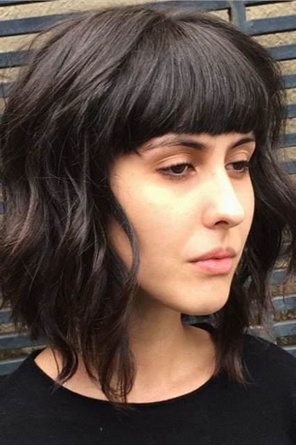 Dark Espresso Textured Bob with Blunt Bangs