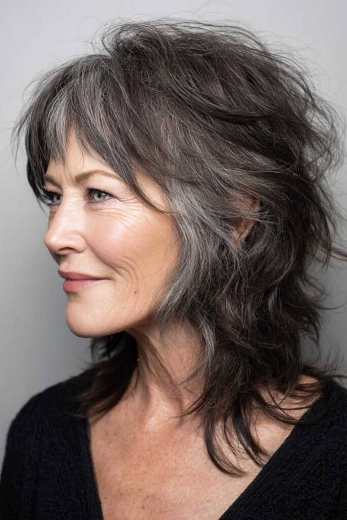 Dark Gray Layered Shag with Textured Bangs and Face-Framing Pieces