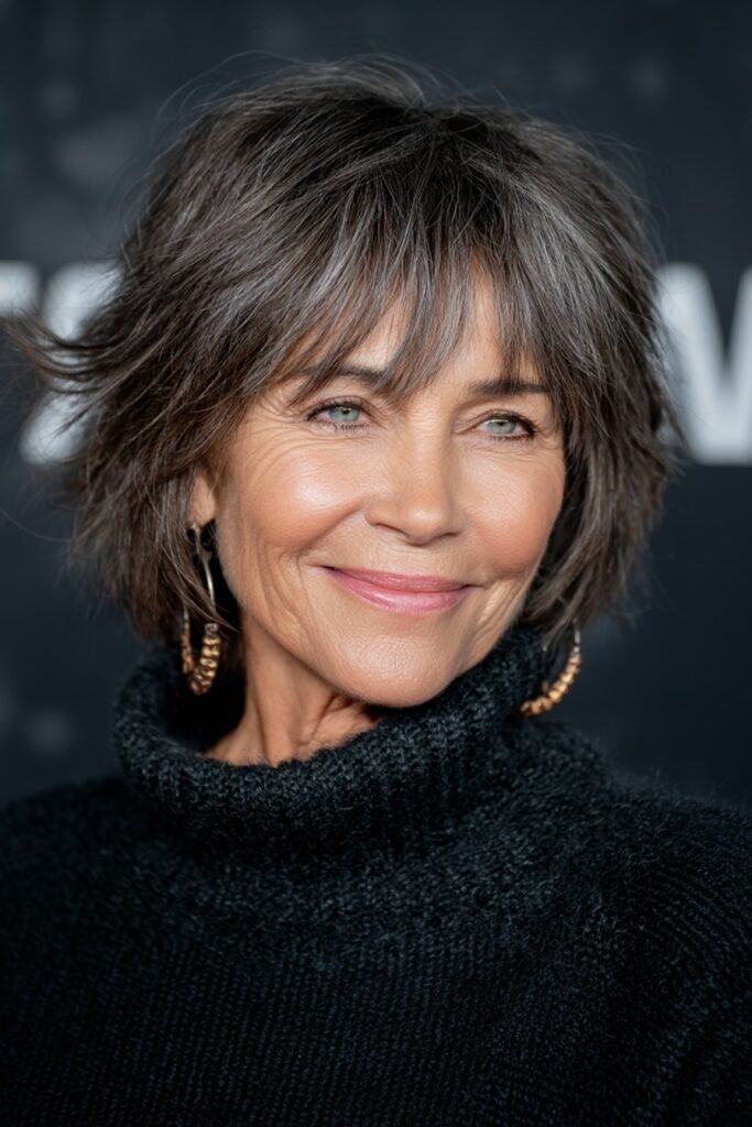 Dark Gray Shaggy Bob with Layered Bangs