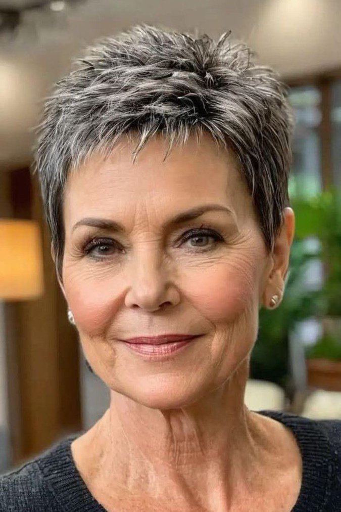 Dark Gray Spiky Pixie Cut with Fine Textured Crown