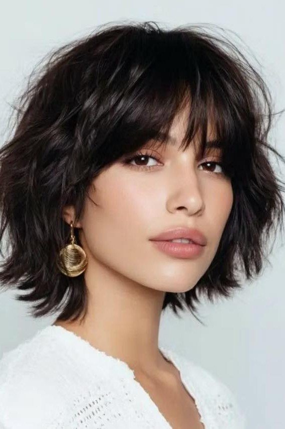 Dark Messy Shaggy Bob with Textured Bangs