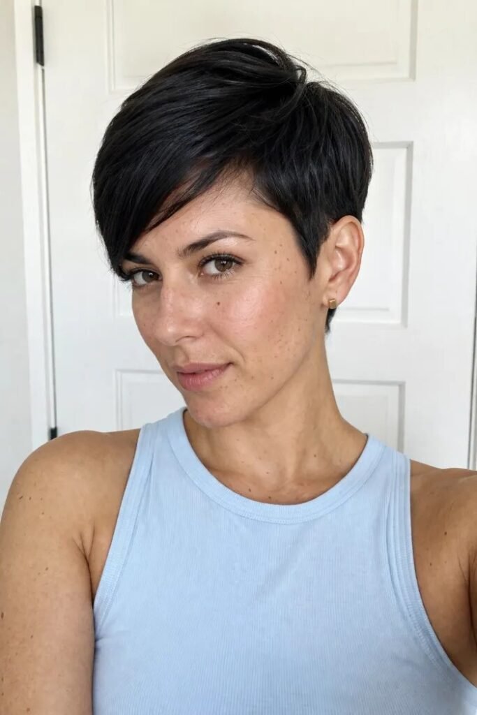 Dark Pixie Cut with Side-Swept Bangs