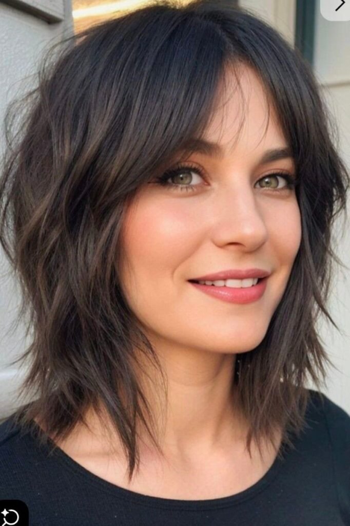 Dark Shaggy Bob with Curtain Bangs