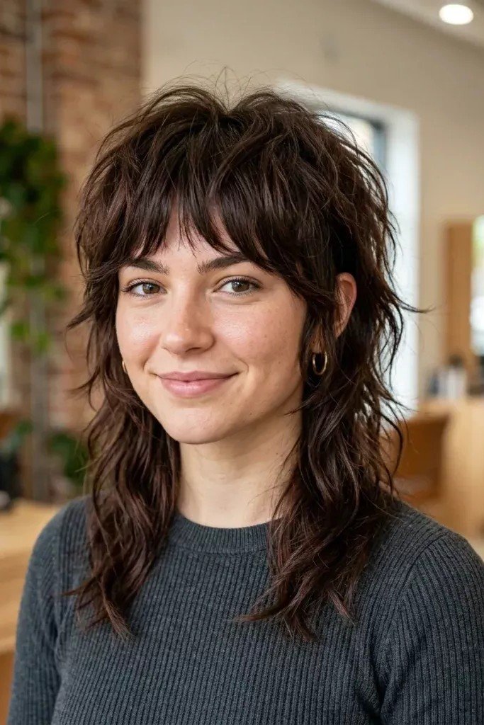 Dark Shaggy Cut with Soft Layers and Bangs