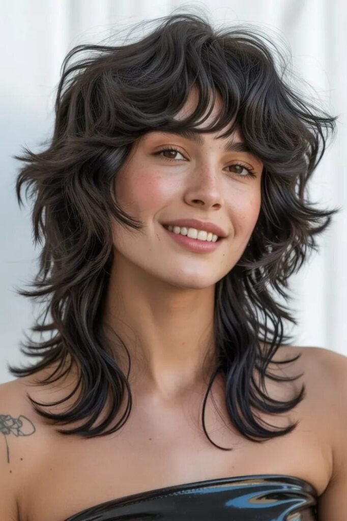 Dark Shaggy Layered Haircut with Full Bangs