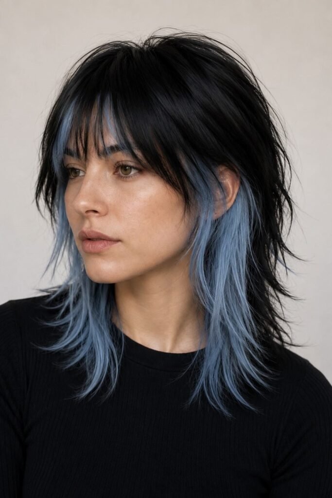 Dark Shaggy Mullet with Blue Underlayer and Face-Framing Highlights