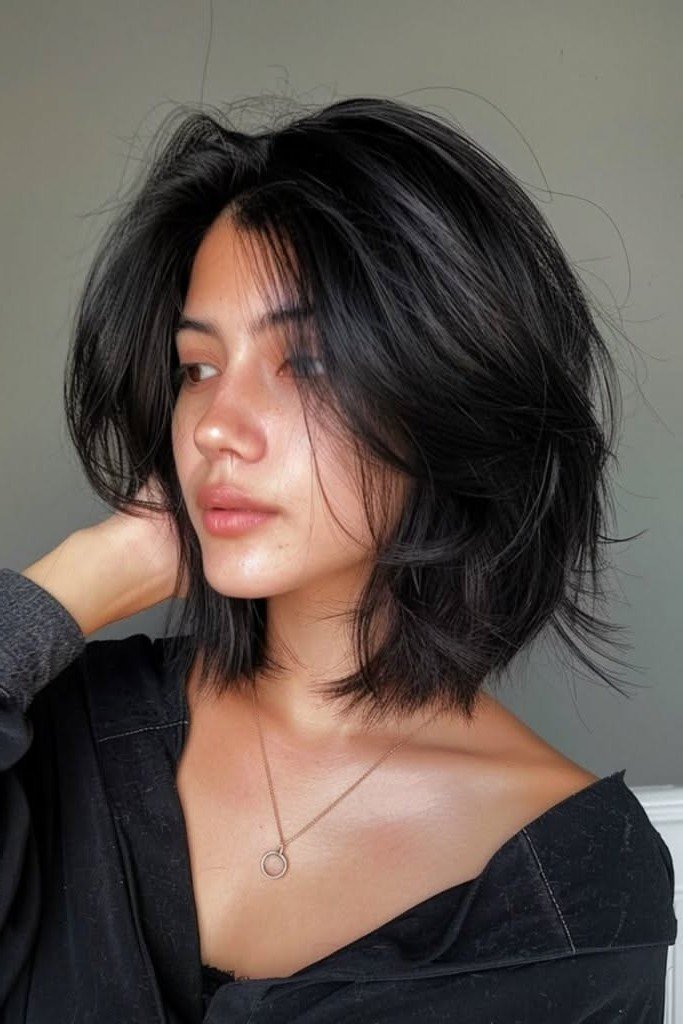 Dark Textured Bob with Soft Layered Bangs