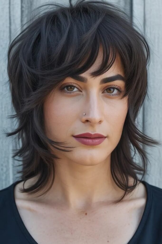 Dark Textured Shag with Soft Waves and Face-Framing Bangs