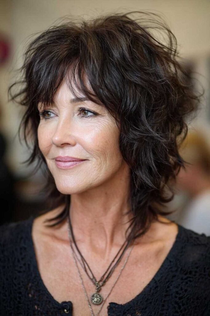 Dark Textured Shag with Voluminous Waves and Bangs