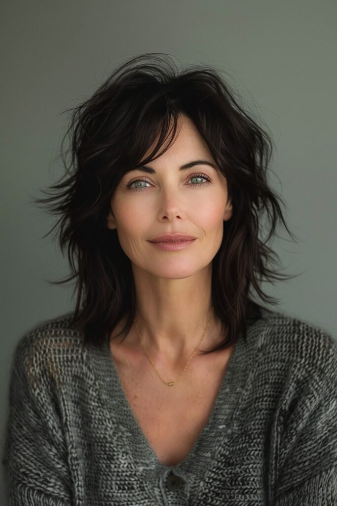 Dark Textured Shaggy Bob with Bangs
