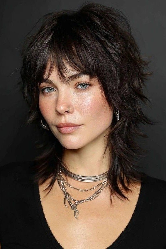 Dark Textured Shaggy Cut with Bangs