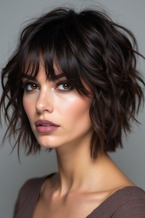 Dark Tousled Bob with Wispy Bangs